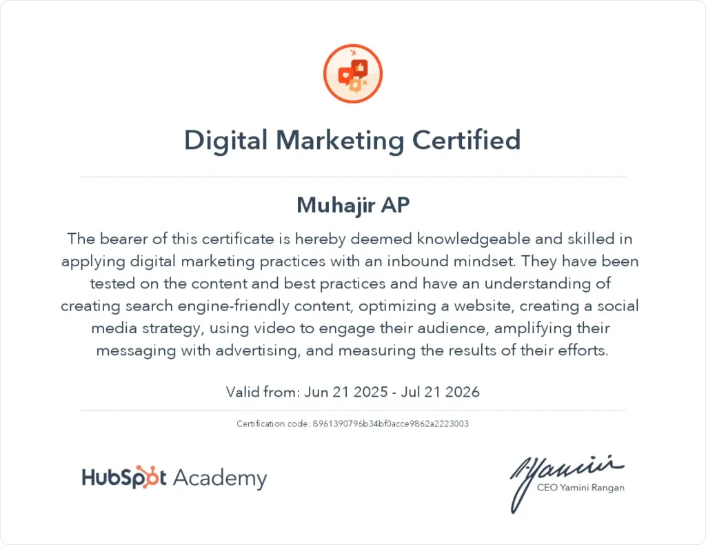 Digital marketing certificate gained by best freelance digital marketing consultant in dubai