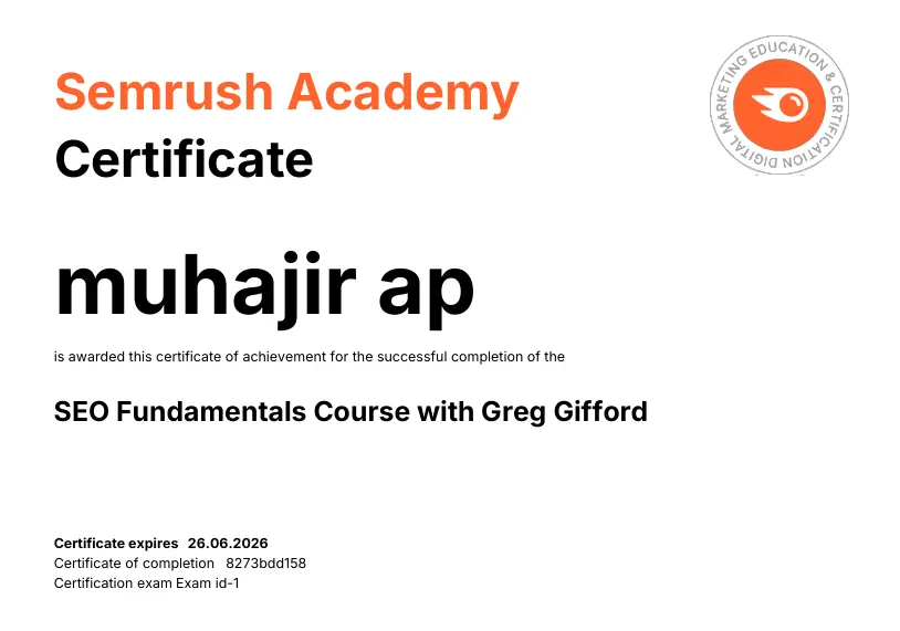 semrush certificate gained by best freelance digital marketer in dubai