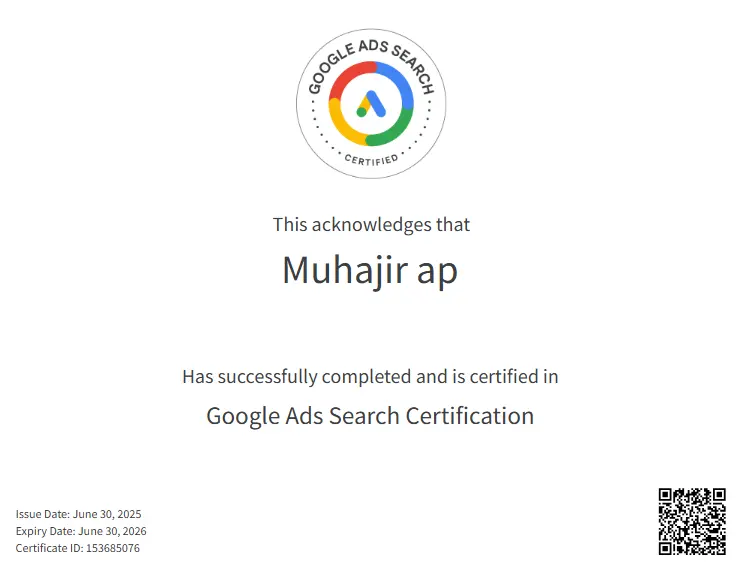 google ads search certificate gained by best freelance digital marketing consultant in dubai
